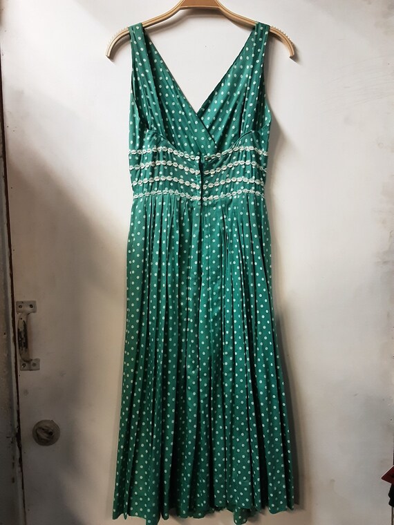 1950s Polka-dot  Green Cotton Sun Dress Daisy Trim - image 3