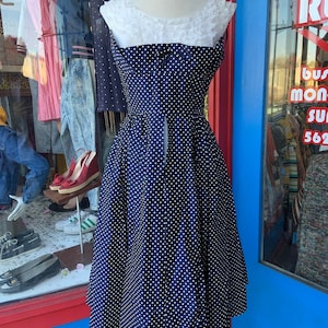 1950s Navy Blue Polka Dot Dress With White Lace