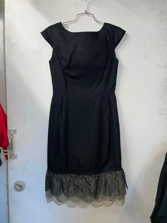 1950s Black Raw Silk Dress With Scallop Trim
