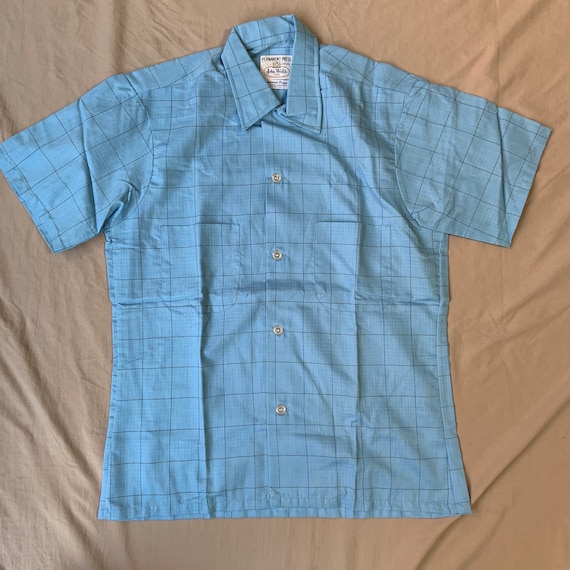 1960s Deadstock Baby Blue Windowpane Button Up Sh… - image 1