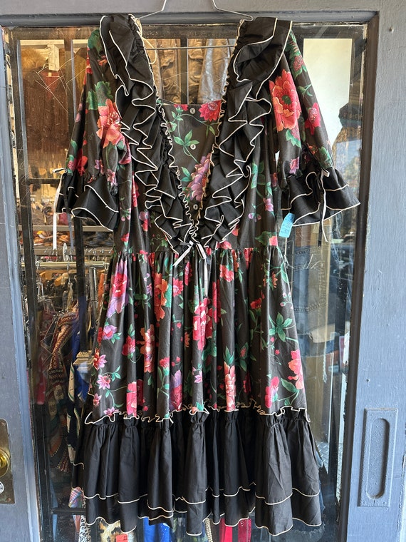 1970s Floral Black Square Dancing Dress