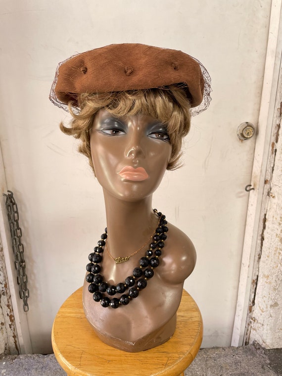 Brown Wool Felt Hat with Mesh Veil - image 1