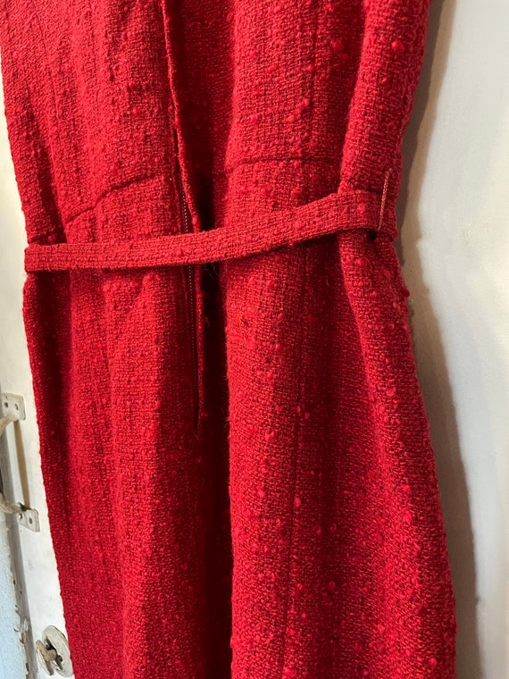 1950s Red Nubby Wool Belted Dress - image 6