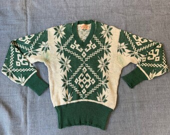 Jaren 1940 Green and Cream Ski Sweater