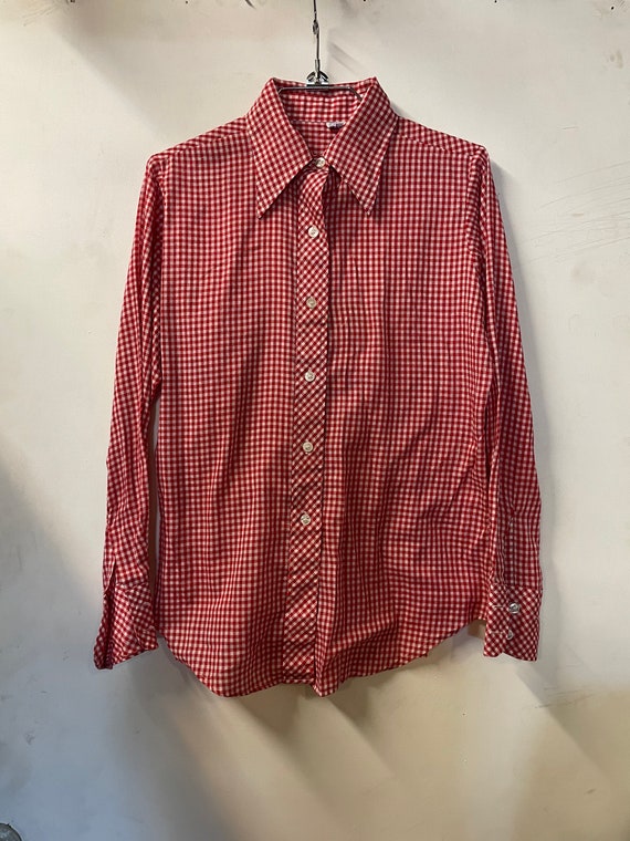 1970s Red Gingham Button Up Blouse