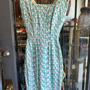 1960s Turquoise and White Embroidered Day Dress