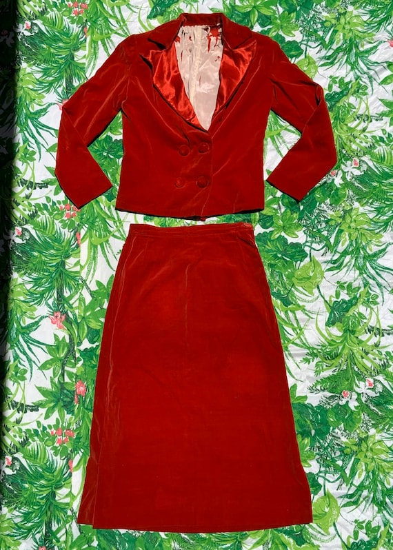 1950s Woman’s Red Velvet Suit