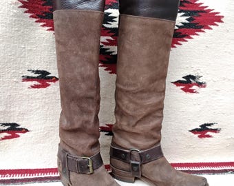 Frye Deena Harness Boots// Chocolate Brown Suede and Leather // Western Cowgirl // Knee High Boots // Square Toe // Womens Size 7 Frye Boots