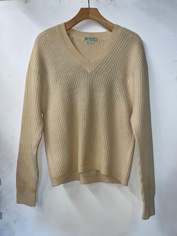 vintage 1950s sweater red Alpaca knit V- neck monogram Mens S