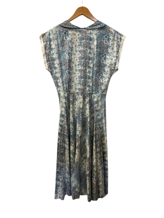 1950s Blue Floral Print Dress with Chiffon Overlay