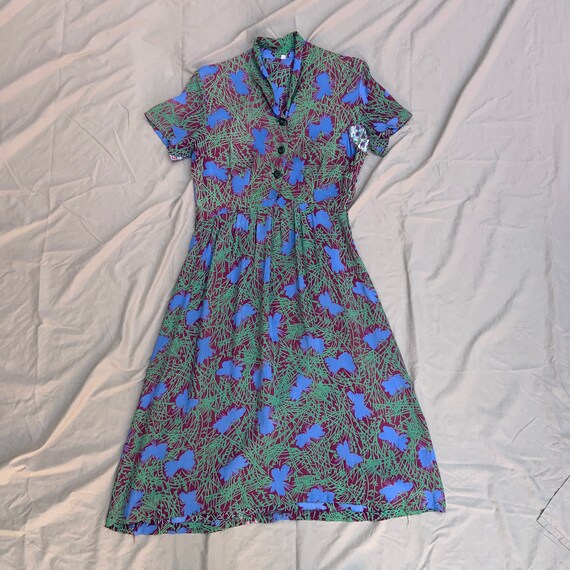 1940s Maroon, Green, And Blue Cold Rayon Dress