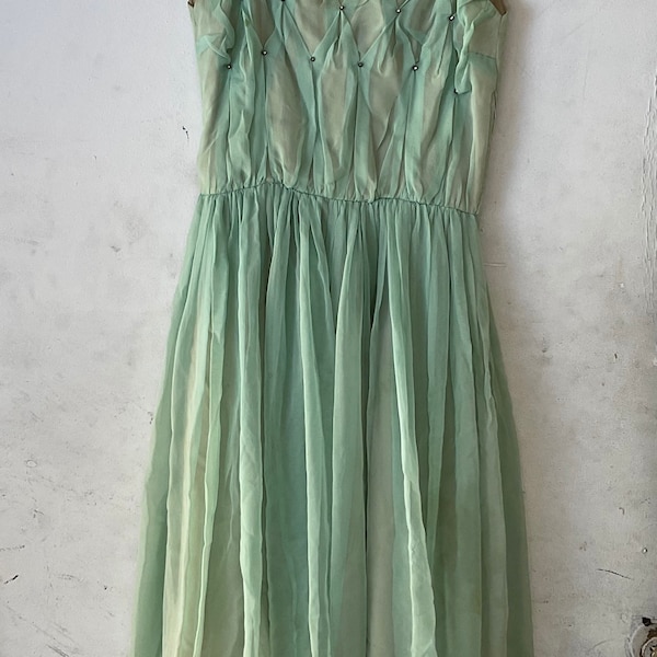 Rhinestone Scoop Neck Chiffon Long Dress Mint Green