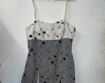 1950s Black and White Gingham Romper Playsuit Sunsuit w Embroidery Details
