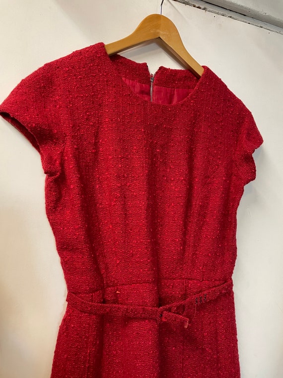 1950s Red Nubby Wool Belted Dress - image 2