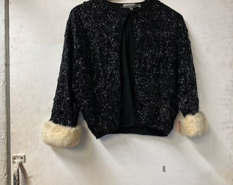 1950s Black Sequin Cardigan with Fur Trim Cuffs