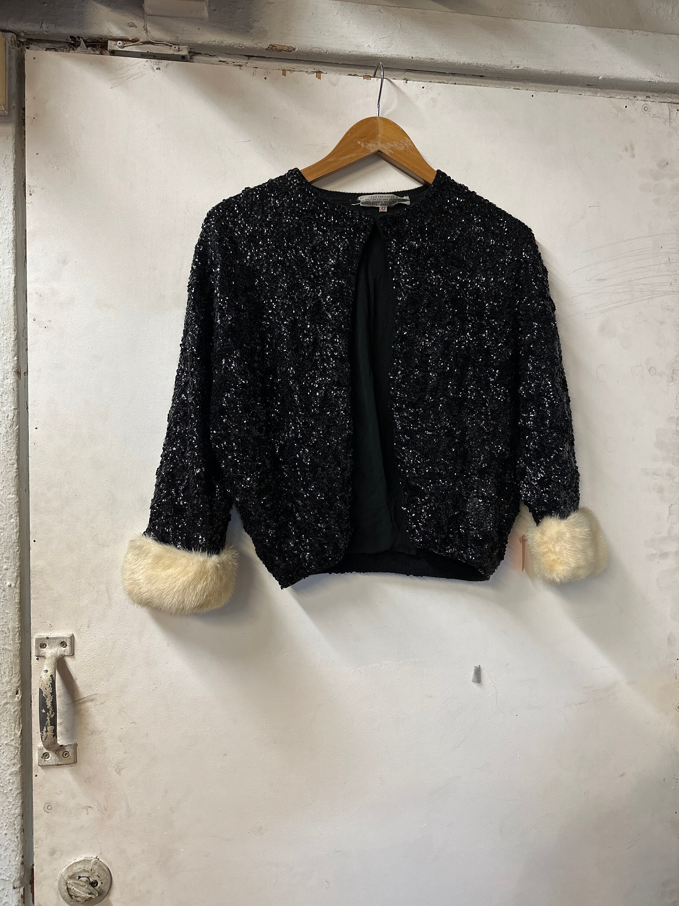 1950s Black Sequin Cardigan with Fur Trim Cuffs