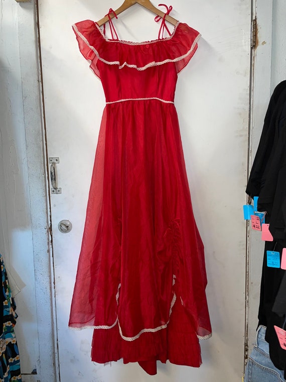 1970s Red Chiffon Southern Belle Maxi Dress
