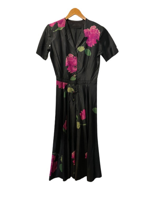 1950s Rayon Acetate Satin Floral Dress