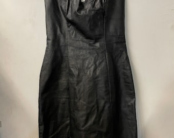1990s Strapless Black Genuine Leather Dress