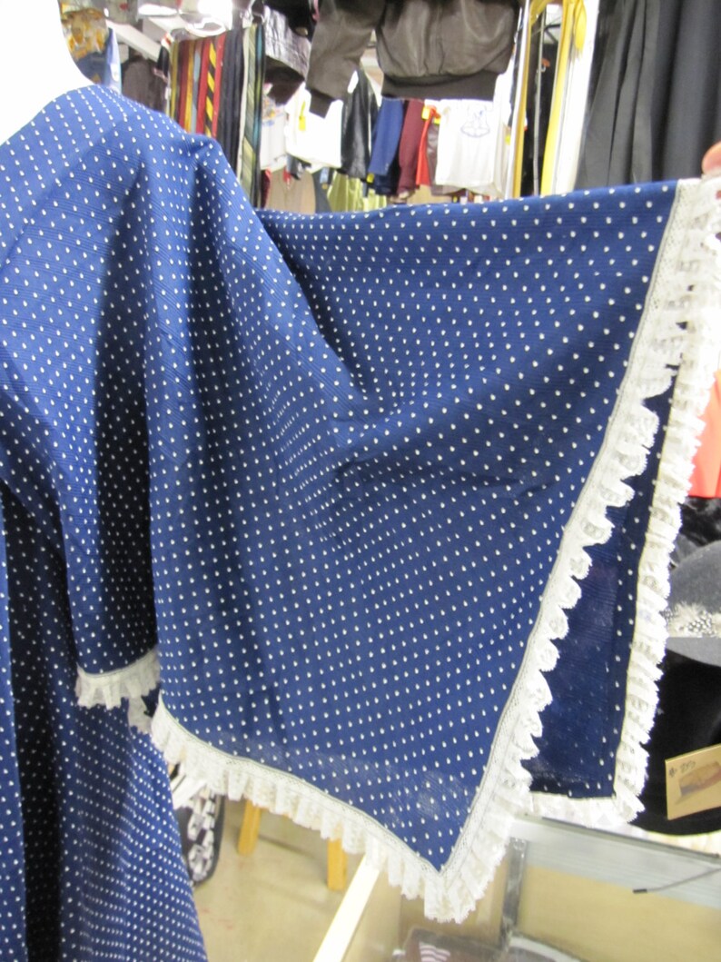May include: A blue dress with white polka dots and a white lace trim. The dress has a loose, flowing silhouette.