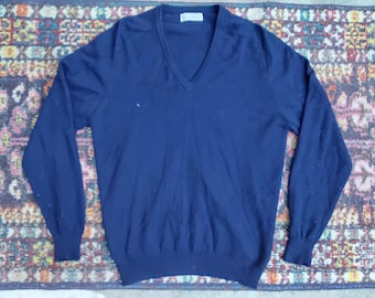 ヴィンテージ メンズ ネイビーブルー スコティッシュ カシミヤ Vネック プルオーバー セーター // サイズ 44
