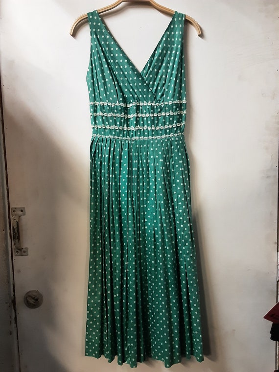 1950s Polka-dot  Green Cotton Sun Dress Daisy Trim