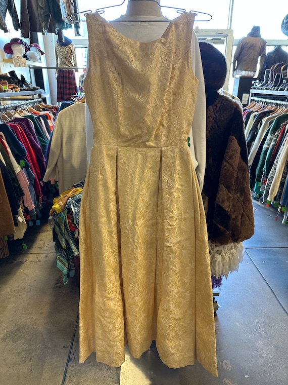 1960s Golden Yellow Brocade Maxi Dress