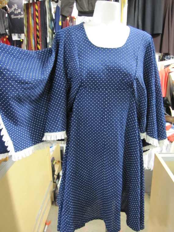 Boho Mini Dress // 70s Dress // 1970s Clothing // Navy Blue Polka Dot // Angel Sleeve Dress // Small Medium