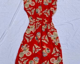 1950s Japanese Crane Print Red Orange Dress