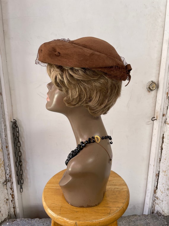 Brown Wool Felt Hat with Mesh Veil - image 6