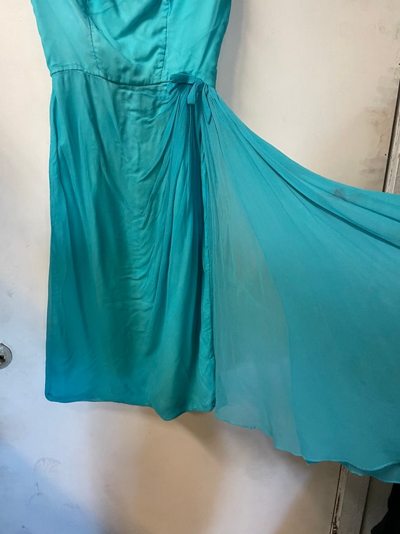 1950s Blue Chiffon Princess Seam Faux Sarong Dress - image 2