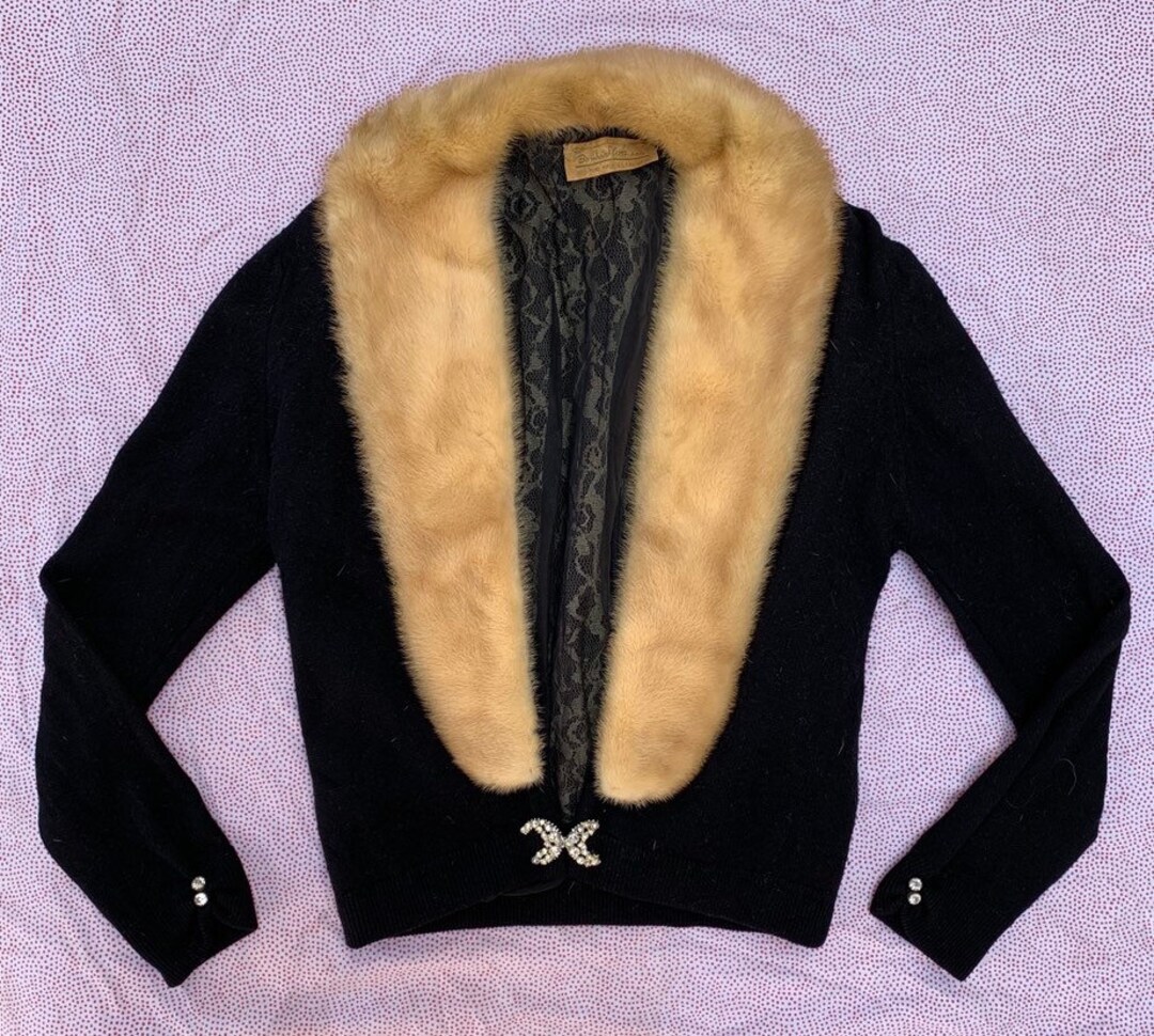 Vintage 1950s Bernard Altman Cashmere Cardigan Fur Collar