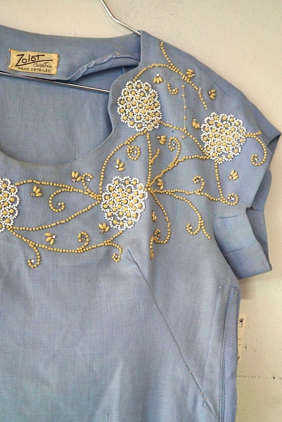 1950’s Zolot Light Blue Beaded Linen Blouse - image 5