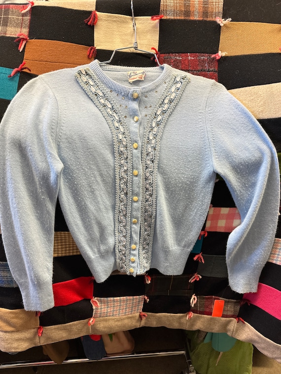 1950s Embroidered Baby Blue Acrylic Sweater