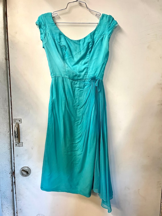 1950s Blue Chiffon Princess Seam Faux Sarong Dress - image 1