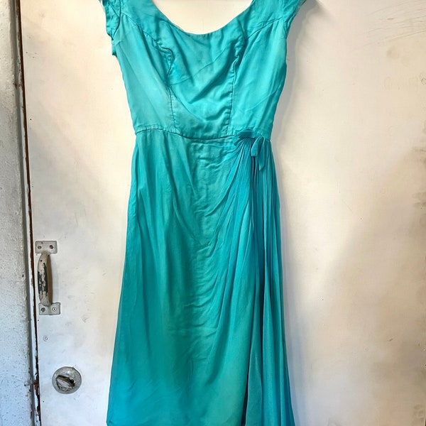 1950s Blue Chiffon Princess Seam Faux Sarong Dress