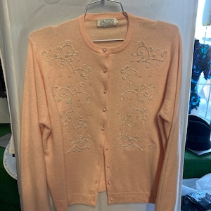 1950s Beaded Baby Pink Cardigan Sweater