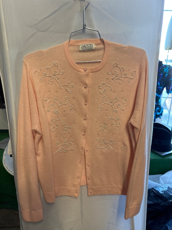 1950s Pink Beaded Cream Cashmere Sweater