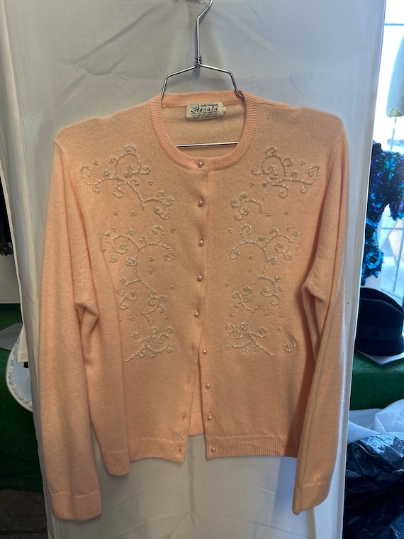 1950s Beaded Baby Pink Cardigan Sweater