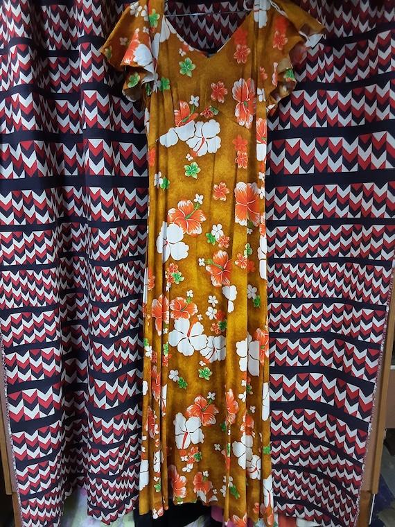 Hawaiian Maxi Dress Soft Barkcloth Hibiscus Print 