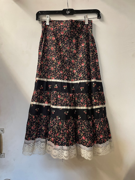 1970s Black and Floral Print Prairie Skirt