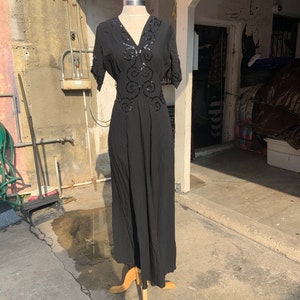 1940s Black Crepe  Gown Dress With Black Sequins