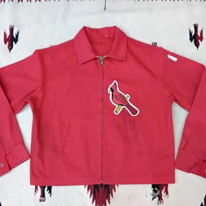 Vintage 1950s Bright Red Cropped Jacket // Cardinal Patch // Pin Up Jacket // Stained // Mens XS or Womens Small