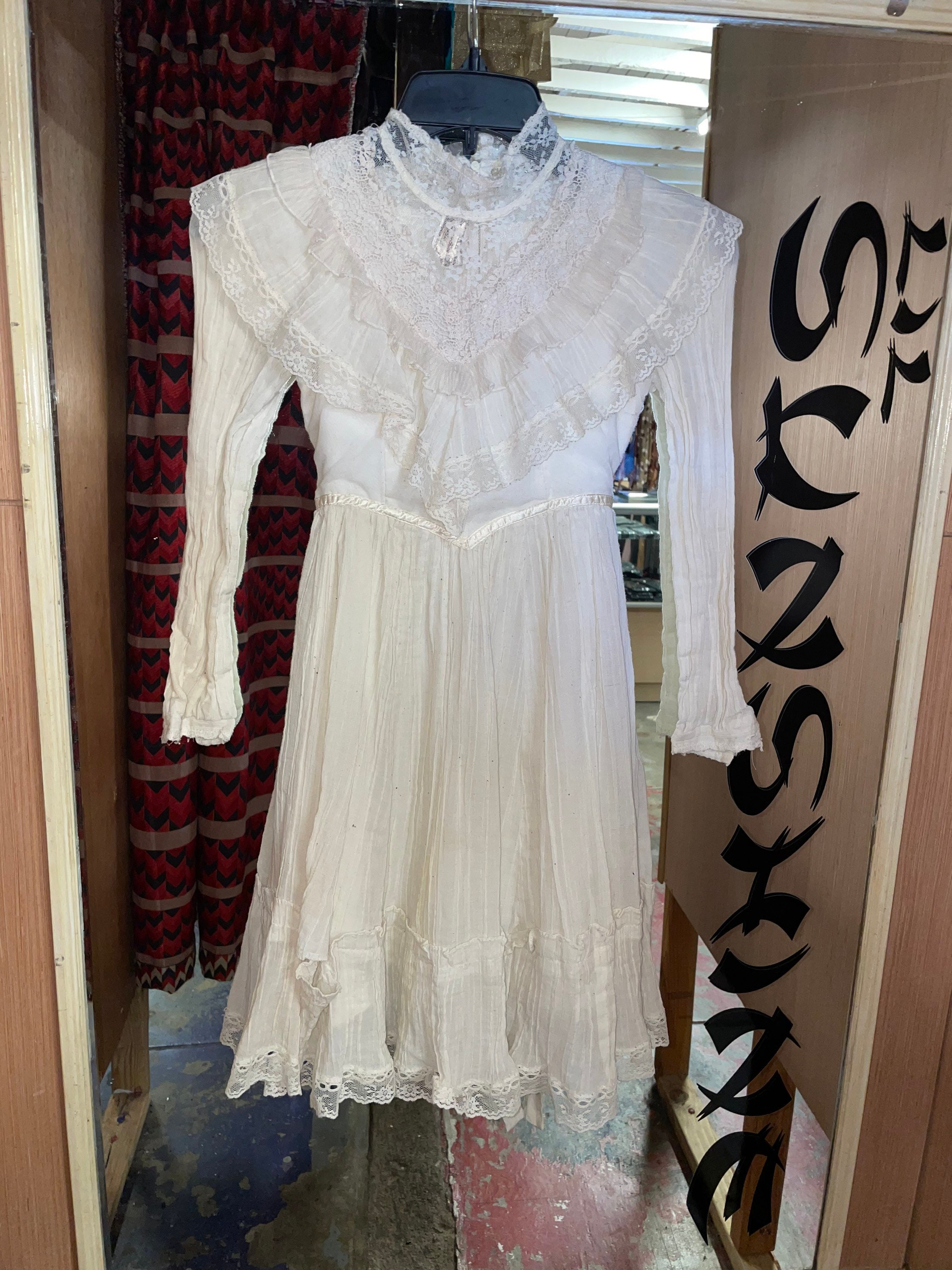 70s GUNNE SAX キッズ 花柄 レース ロング ワンピース ドレス 送料無料】70年代アメリカ製 GUNNE SAX ホワイト X 水色 花柄