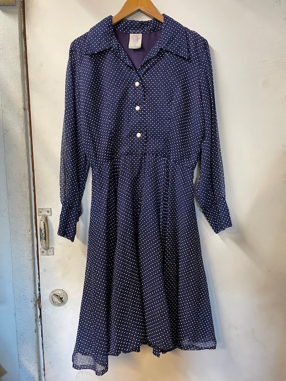 1970s Swiss Dot Navy Blue Dress