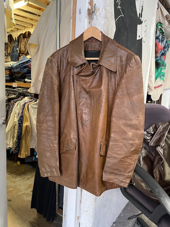 Mens 1950s Brown Long Line Authentic Leather Jacke