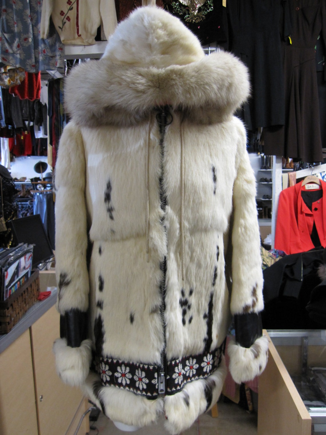 60s Groovy Hippie Coat Adult Multi Coloured with Fur Trim