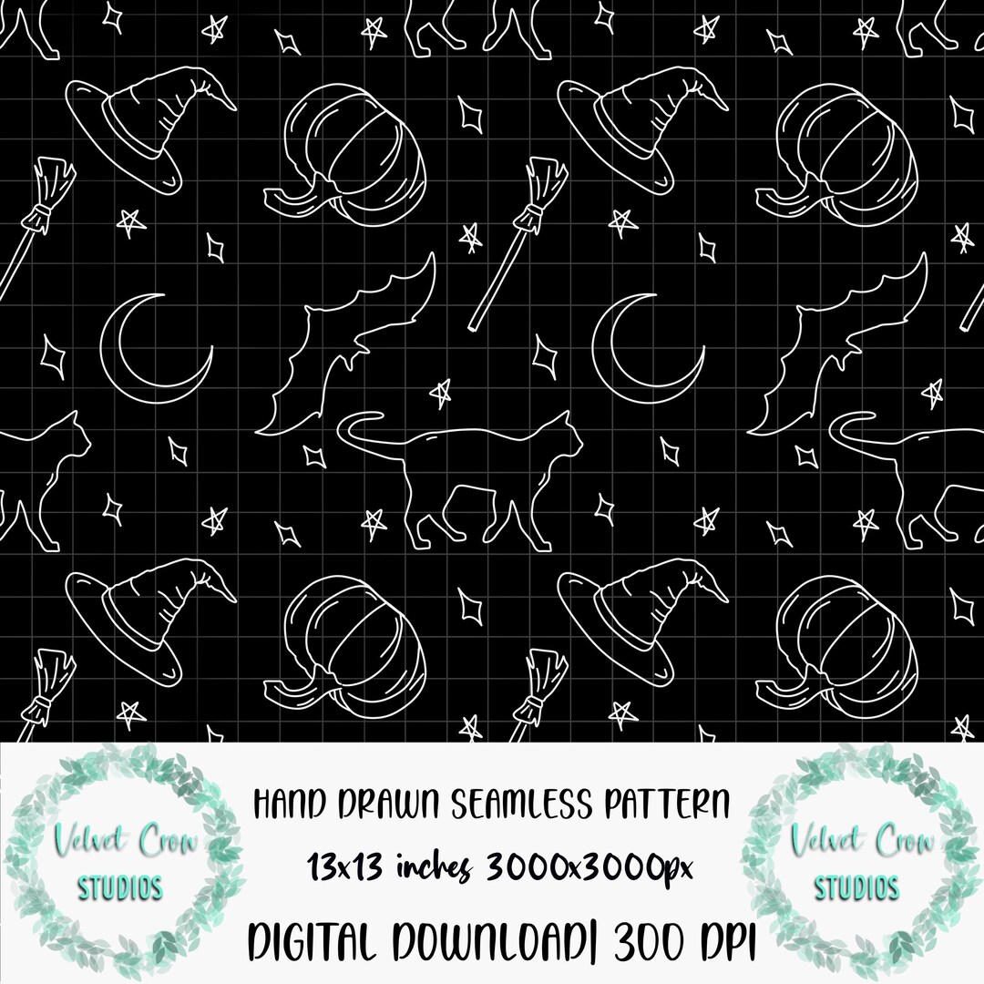 Silly Witch Pattern Halloween Witch Seamless Pattern: Hand-drawn Whimsigore Cat (digital ...