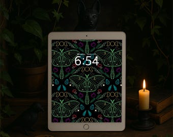May include: A digital tablet displays a black background with a repeating pattern of green moths, mushrooms, and crescent moons. The time 6:54 is displayed. A lit candle, books, and decorative objects are in the background.