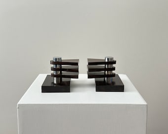 1930s – Pair of french modern art deco bookends in Macassar ebony wood and chrome